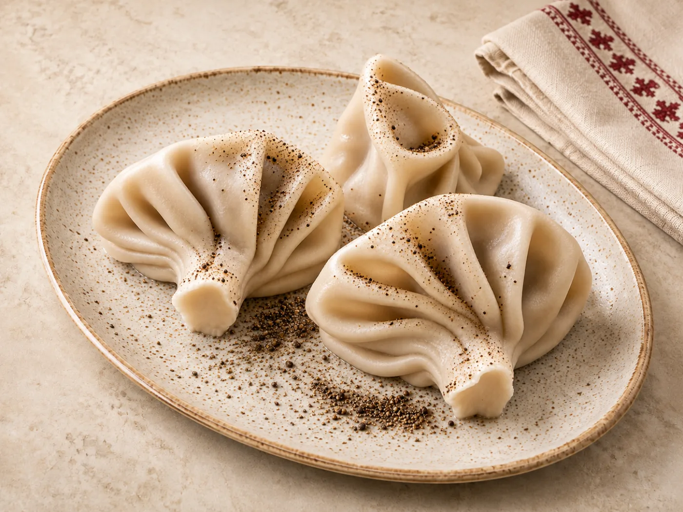 Drei Chinkali auf einem Steingutteller, bestreut mit schwarzem Pfeffer.