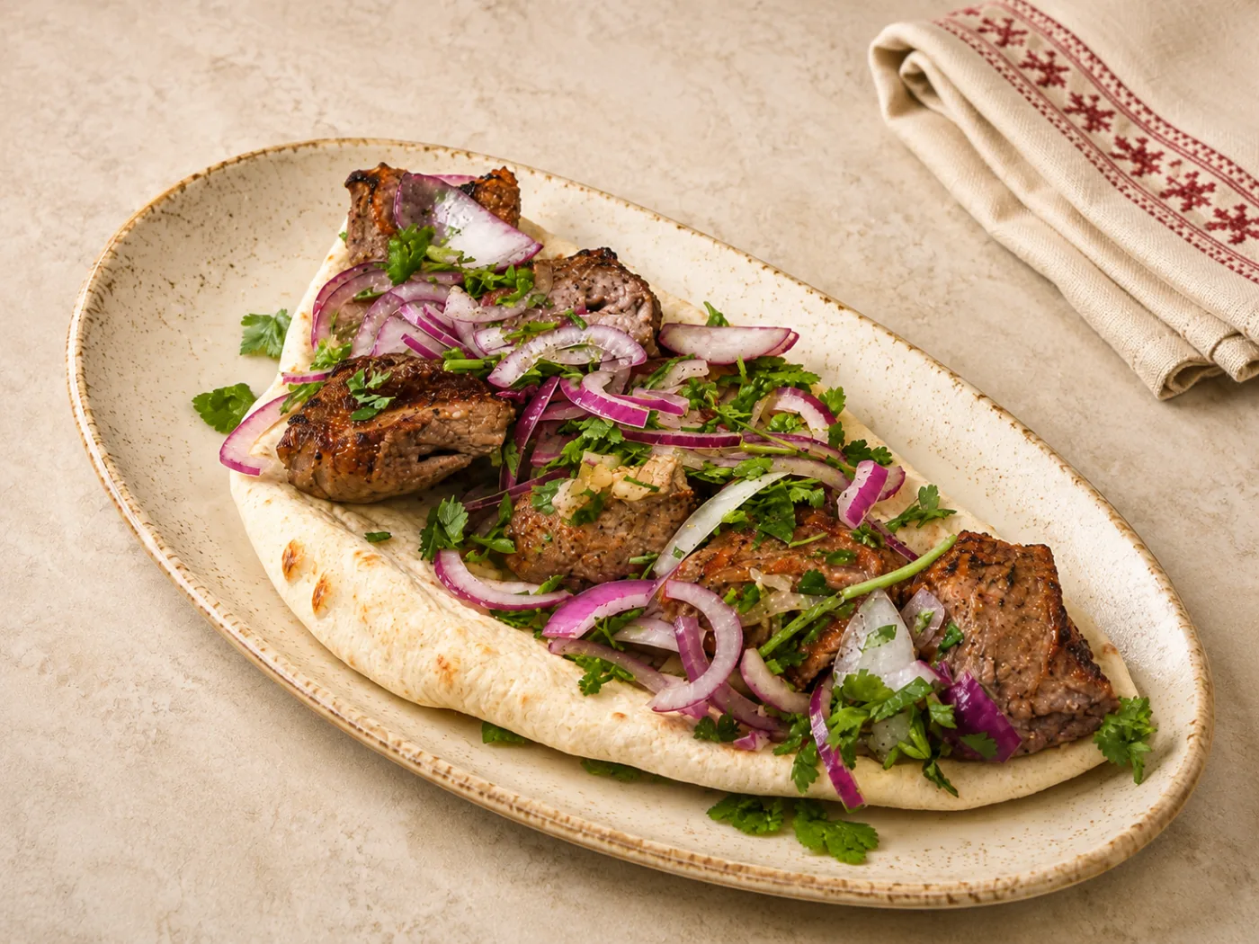 Mzwadi: gegrillte Fleischstücke auf Lawasch mit roten Zwiebeln und Petersilie.